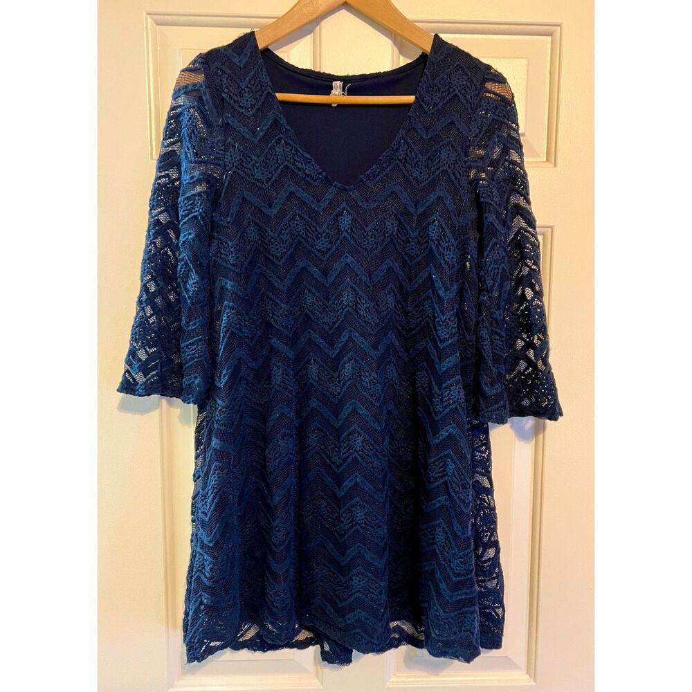 Wallflower Navy Blue Zigzag Chevron Lace Bell Sleeve Shift Dress